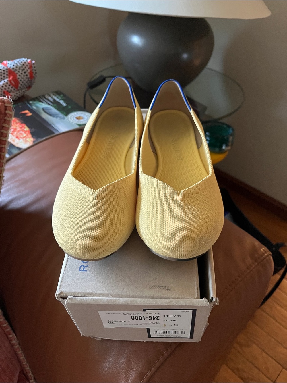 Rothy's Yellow Knit Flat with Blue Heel Trim yellow